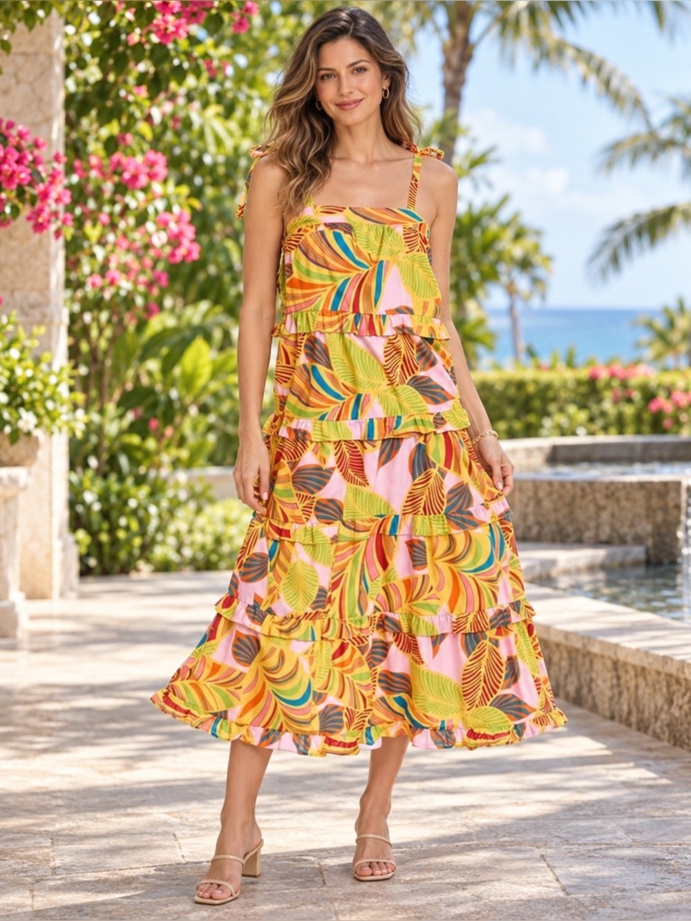 FLORA BEA NYC Carey Tropical Leaf Tiered Tie-Strap Maxi Dress XS